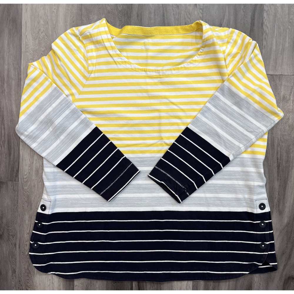 Talbots Women's 1X Blue Gray White Yellow Striped 3/4 Sleeve Round Neck Blouse